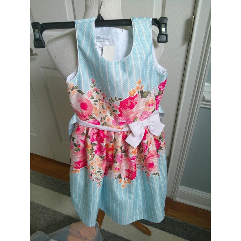 NEW Bonnie Jean Dress Pink Floral & Light Blue Striped Skirt Back Sash Size 10